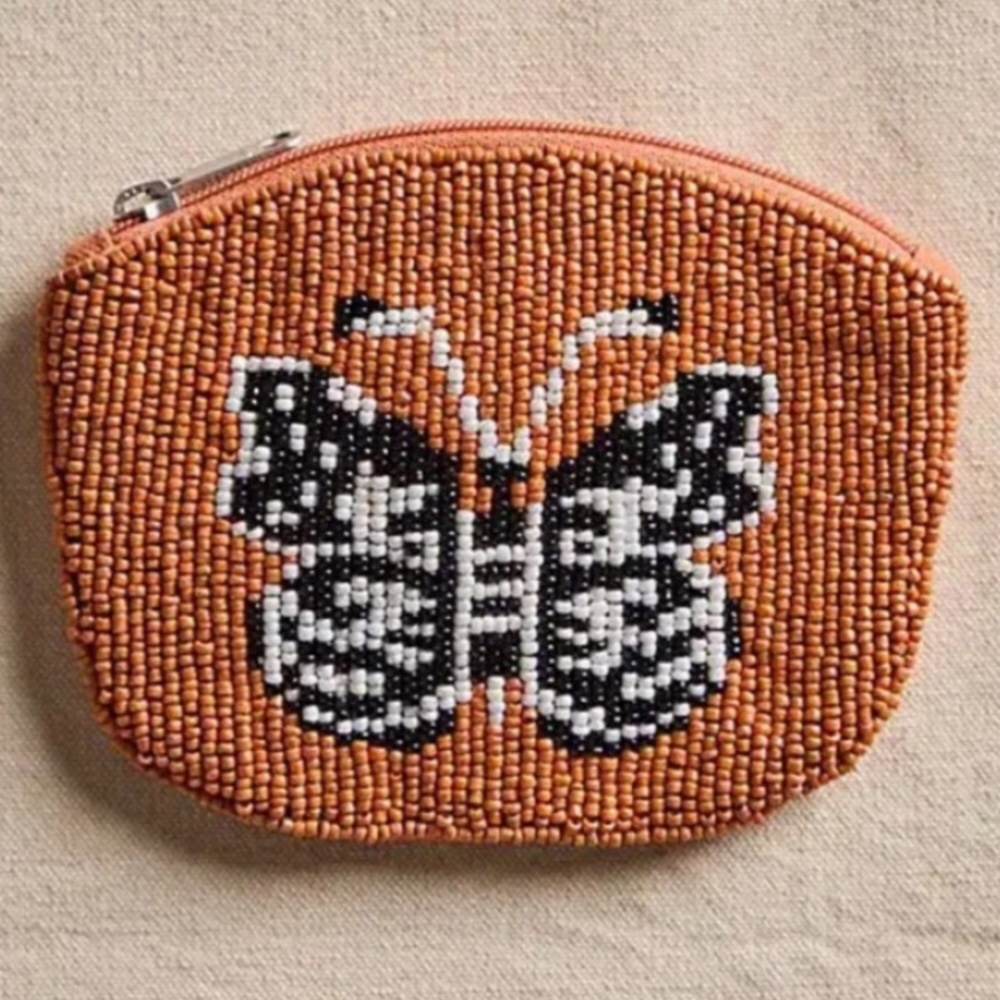 Free People! Mariposa Butterfly Beaded Wallet In Dark Orange/Desert Topaz NWT!